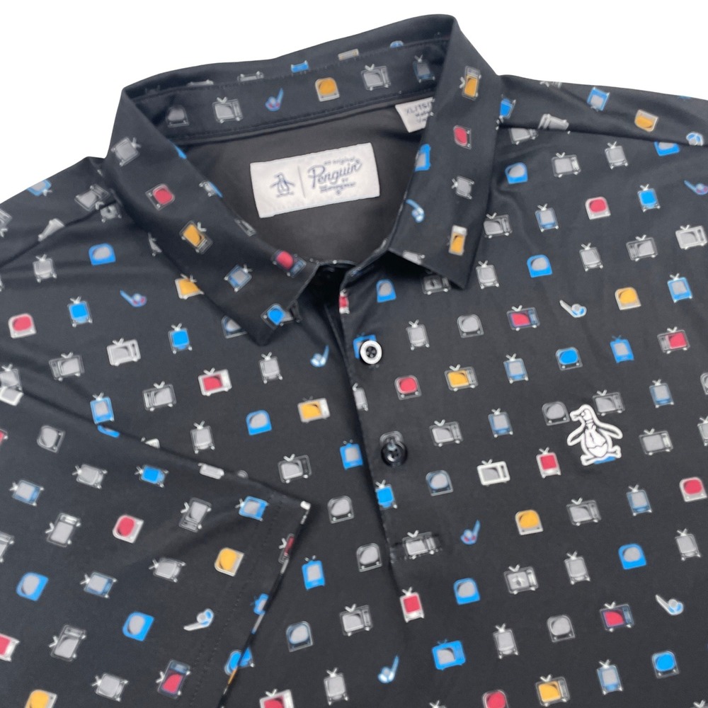 Original Penguin XL Polo Retro Vintage TV Golf Club All Over Print Black EUC